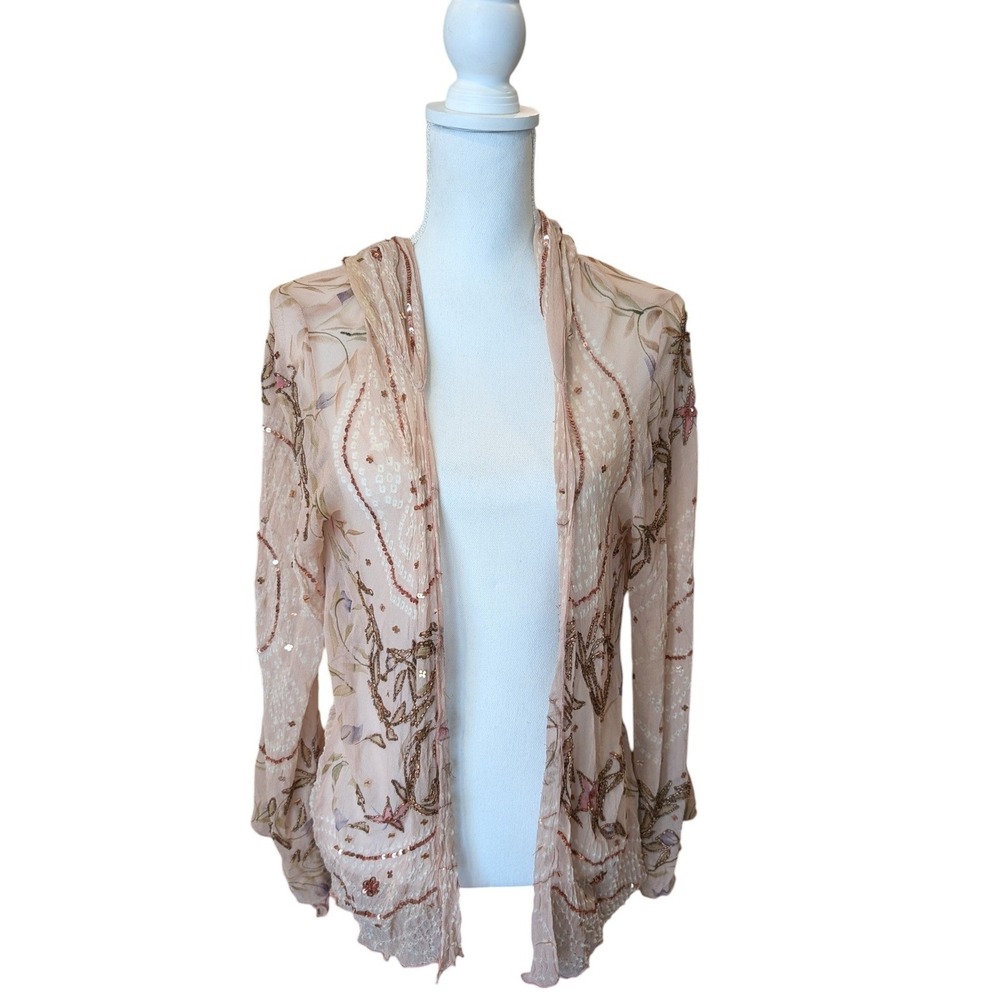 Azmina Womens Silk Hooded Cardigan Pink Sequin Floral Embroidered Open Front M